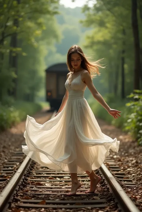 Dancing gracefully in the middle of the forest (Lomo tone) . . . Close Up Photography, Focal Length 56 mm, f1,2, Lomo Tones, beautiful woman, 20 years old, hair with straight side bangs, wearing a dress, standing in a graceful pose on the train tracks in t...