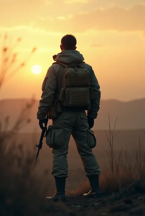 A soldier in khaki uniform looking at the horizon the number 0230