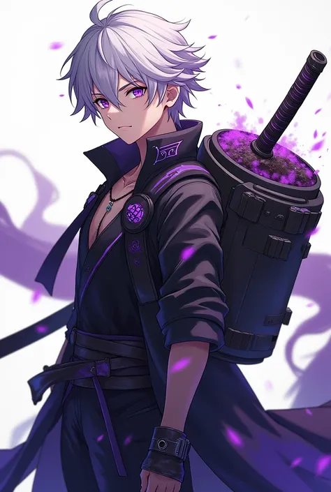 create in anime style a young man with white hair and purple highlights, purple eyes, carries on his back a large container with earth inside, he uses a sword, somewhat strong physical build, he wears it with a samurai style outfit, This outfit has a predo...