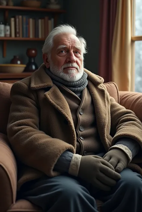  5 man, elderly man dressed in winter clothes sitting on the sofa
