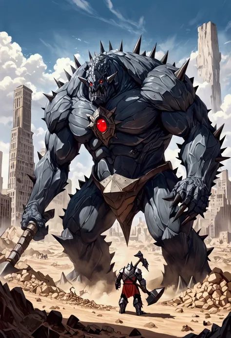 Monstrous metal giant with black spikes on its body, red eyes, big monster, Golem, armored, war hammer, city in ruins, Desert, unearthing monster.