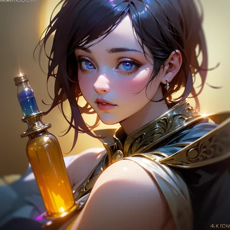 1girl, beautiful detailed eyes, beautiful detailed lips, extremely detailed eyes and face, longeyelashes, intricate glass bottles, glowing purple magic dust, glittering glass kingdom, fantastical color palette, delicate details, magical glass bottles, shim...