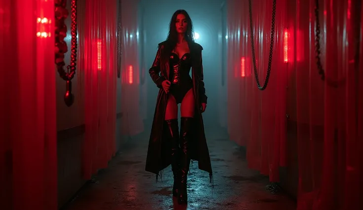 realistic nsfw porn photo , gothic woman standing , wearing black shinny pvc corset , shinny pvc pants , shinny pvc jacket , wearing shinny pvc thigh high boots , in fetish room with red pvc curtains , chains on walls , bdsm devices , inlighted by neons