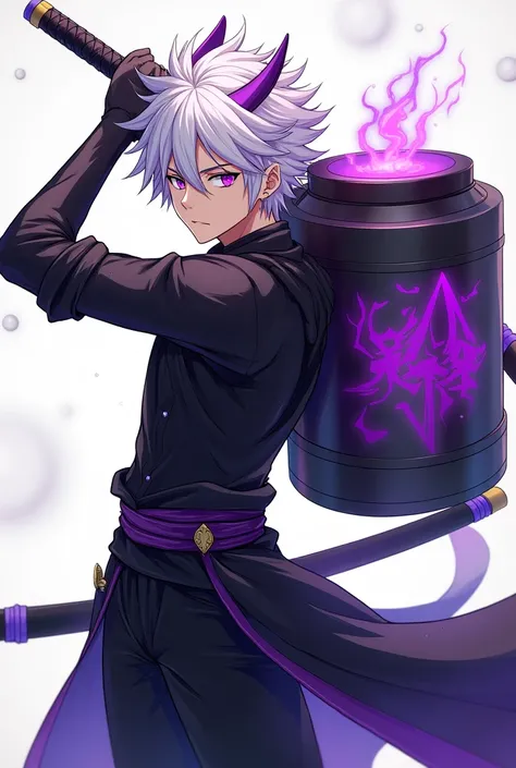 create in anime style a young man with white hair and purple highlights, purple eyes, carries on his back a large container with earth inside, he uses a sword, somewhat strong physical build, he wears it with a samurai style outfit, This outfit has a predo...