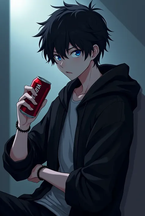 Anime, Boy, bad boy, pfp, with bracelet, with black hoodie, blue eyes, black hair, serious, calm, cool, serious eyes, drink can of soda, 