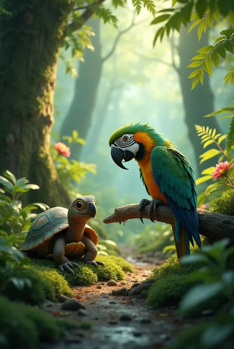 Parrot in the forest talking to a turtle they are friends