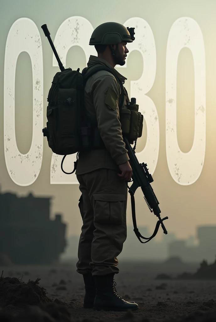 A soldier in khaki uniform looking at the horizon and the number 0230 appearing written prominently behind the soldier&#39;s silhouette