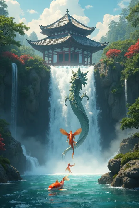 Koi fish swimming up a waterfall slowly moving forward until it turns into a dragon at the end of the waterfall with a Japanese temple background