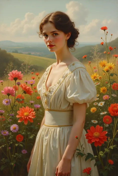 make a historical painting of a woman in field of flowers