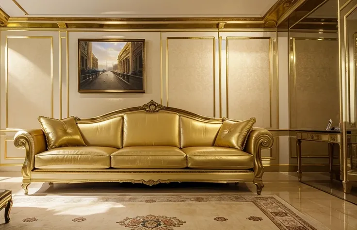 Inside millionaire house, sofa, tv with program channel, gold paint inside, step,