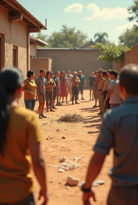 3D drawing of people amazed to see something amazing in a dirt yard