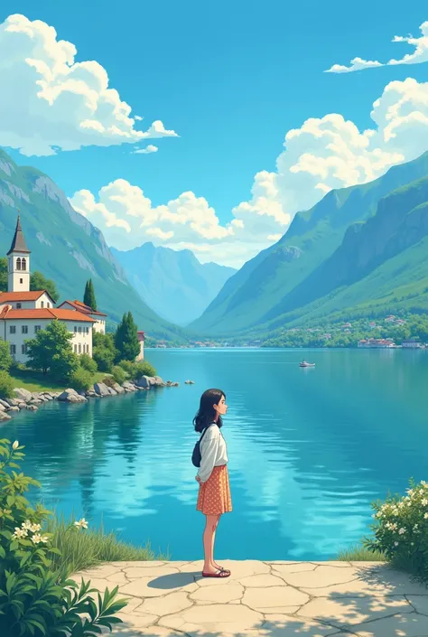 Travel Poster of Gardasee in Italy, in the style of Makoto Shinkai, The scene is depicted as an anime-style illustration, showcasing a relaxed atmosphere --ar 4:5 --stylize 750
