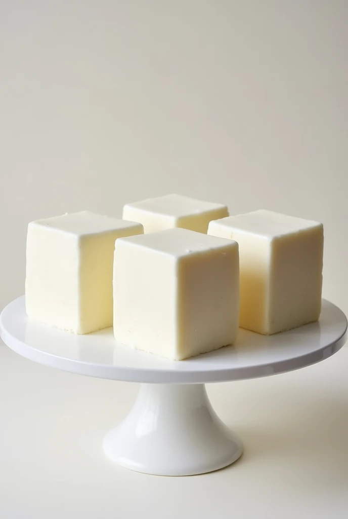 5 square cakes, but not very tall, white in a cake holder on a table horizontally 
