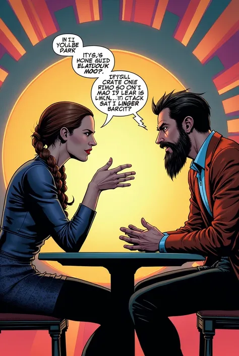 Katniss and Casear Flickerman sitting and Katniss nervously speaks to him in comic book style 
