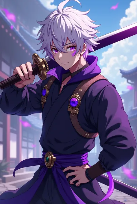 create in anime style a young man with white hair and purple highlights, purple eyes, carries on his back a large container with earth inside, he uses a sword, somewhat strong physical build, he wears it with a samurai style outfit, This outfit has a predo...