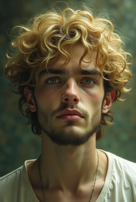 Man with golden curly hair like an angel, sunken eyes with dark circles from tiredness and dull green eyes. His physical characteristics are being thin, high, light skinned, 2, unshaven.