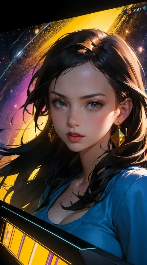 (Bright color, Vivid color:1.2), (dynamic angle, portrait).

A stunning woman stands in front of a glowing screen in a fantastical environment, surrounded by vivid colors and whimsical elements. Famous video game characters, such as Pac-Man, Space Invaders...