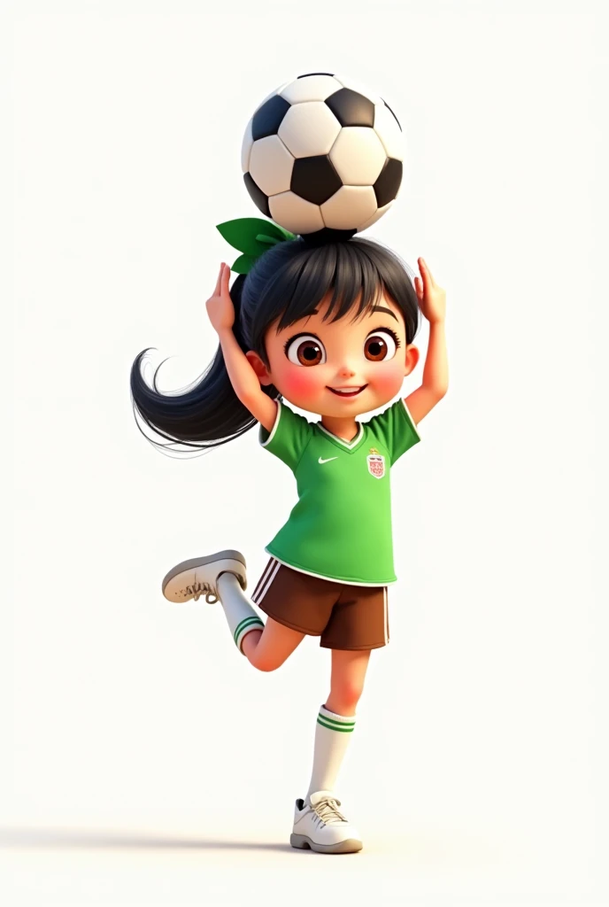 Cute animated pixar girl with green sports uniform, brown shorts, tender brown eyes, black hair with a ponytail and green bow, white shoes, and a soccer ball on her head, transparent background 