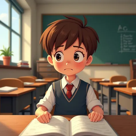 10 years, brown hair in school uniform, sad because his partner didn&#39;t come, he can&#39;t concentrate or study, male sex, scenario, a school classroom, Disney type of drawing