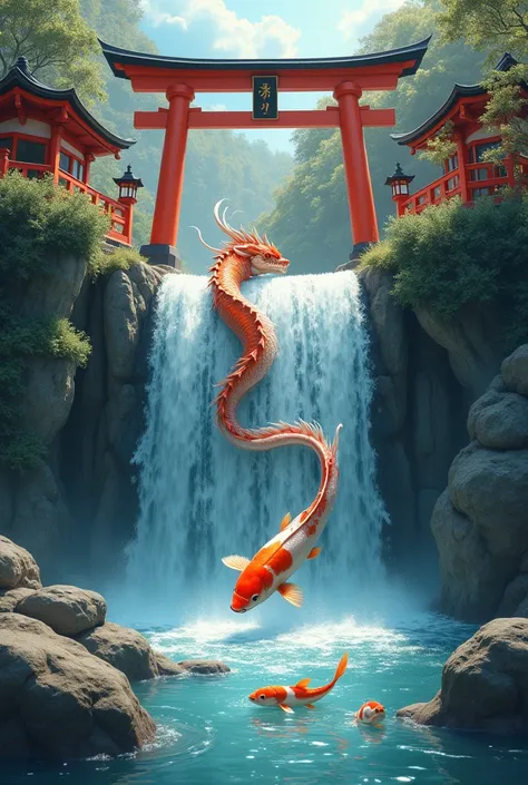 Koi fish swimming a waterfall moving forward little by little, until it turns into a dragon at the end of the waterfall, with a background of a Japanese temple along with the Fushimi Inari-taisha gates