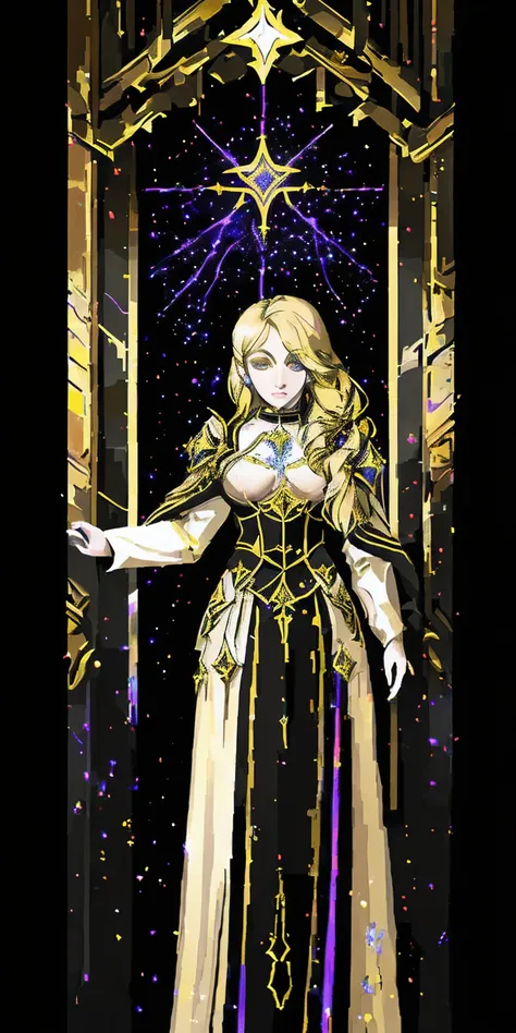 upper body of paladin lady in ornate golden armor, black collar, pauldrons, breastplate, corset, glowing halo, single braid, blonde, yellow glowing eyes, bright pupils, eye focus, red cape, temple indoors, stained glass windows, night, moonlight, particles...