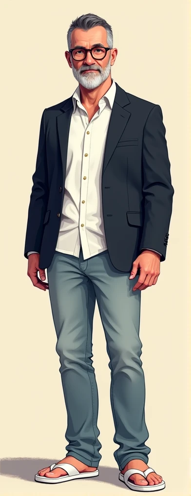 Create for me a pixel disney avatar of a tall white man with a not too thin body, with a short beard with some gray strands, very short black hair, with head entry, wearing a white button-down blouse, black blazer, light jeans pants, white flip flops, and ...