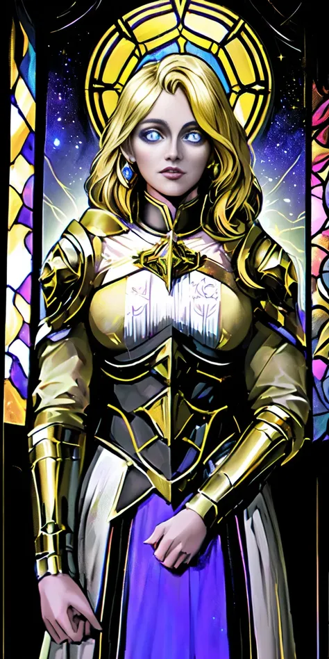 upper body of paladin lady in ornate golden armor, black collar, pauldrons, breastplate, corset, glowing halo, single braid, blo...