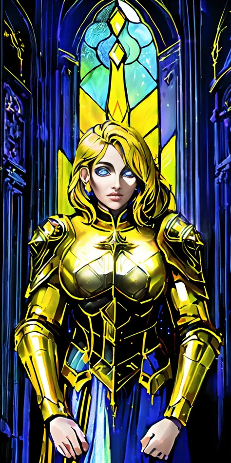 upper body of paladin lady in ornate golden armor, black collar, pauldrons, breastplate, corset, glowing halo, single braid, blonde, yellow glowing eyes, bright pupils, eye focus, red cape, temple indoors, stained glass windows, night, moonlight, particles...