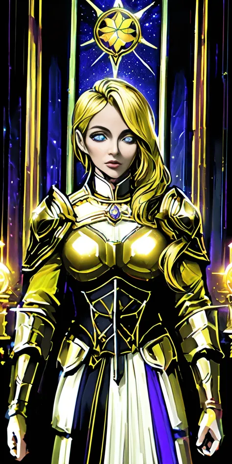 upper body of paladin lady in ornate golden armor, black collar, pauldrons, breastplate, corset, glowing halo, single braid, blonde, yellow glowing eyes, bright pupils, eye focus, red cape, temple indoors, stained glass windows, night, moonlight, particles...