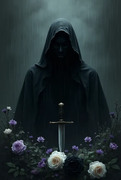 A black mask coming out of the shadows, Tears, rain, black roses, white and purple pansy. Knife in the soul.