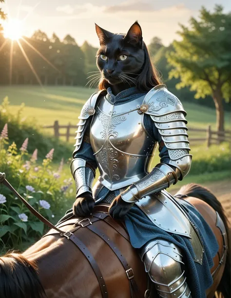 A ((cat-woman, beautiful, black fur, persian)), looking at viewer, detailed fur, wearing a detailed medieval knight steel battle armor, ((riding a battle horse):1.15), god rays, battle field lots of details