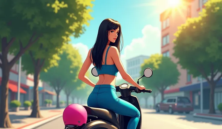 a beautiful woman with straight black hair in a blue casual outfit sitting on top of a modest motorbike on a beautiful sidewalk on a sunny day with a pink helmet. design