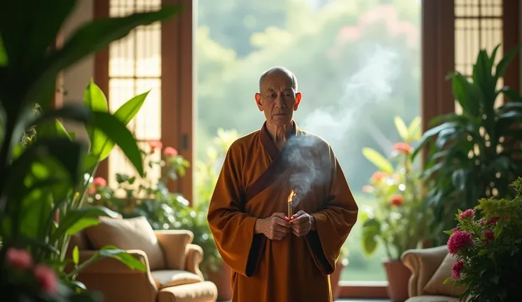 Um homem idoso budista holding burning incense, standing in a softly lit living room filled with natural light. Plants and flowers surround the space, creating a sense of calm and renewal. The atmosphere is clean, peaceful, and fresh, with the smoke gently...