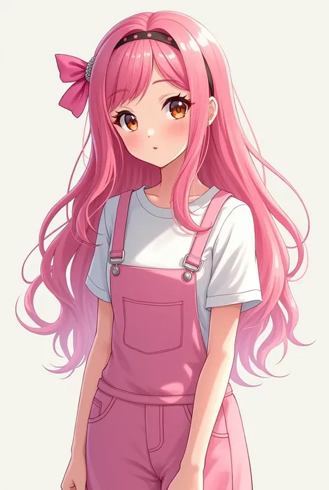  long hair with pink bow on the side wearing pink overalls, white t-shirt and white sneakers smiling brown eyes slanted