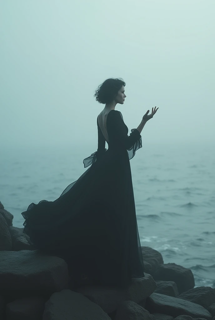 Winter mists near the sea, Silhouette of a woman emerging from the fog. Silhouette with short curly hair,  long black dress. Extending his hand with a graceful smile towards the spectator, High resolution, masterpiece, necessary, Anatomically correct, The ...