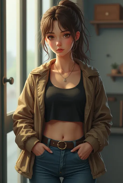 A serious beautiful young girl, she has light brown hair and honey color eyes, she has a chubby body. She uses a ponytail hairstyle and she wears a jacket over a cropped top with tight jeans. Do it realistic