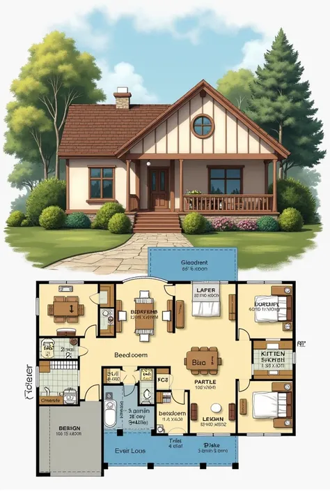 Can you create a plan for a house that has a kitchen, 3 bedrooms, a bathroom and a living room?
