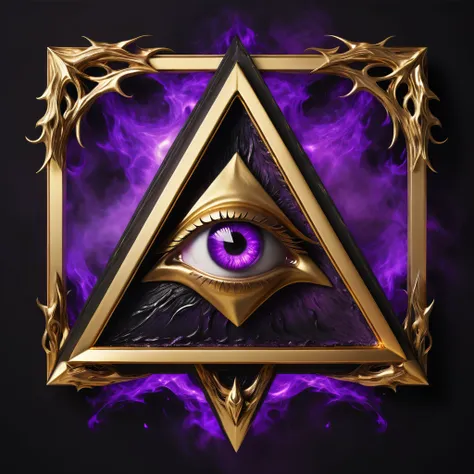 a terrorific purple eye inside a gold triangle, caothic flames background, a blank gothic banner in botton of frame floating, so...