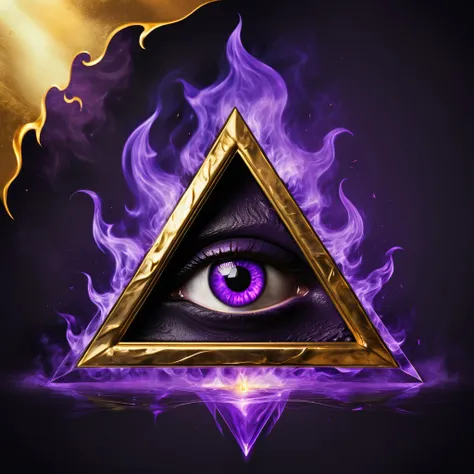 a terrorific purple eye inside a gold triangle, caothic flames background, a blank gothic banner in botton of frame floating, so...