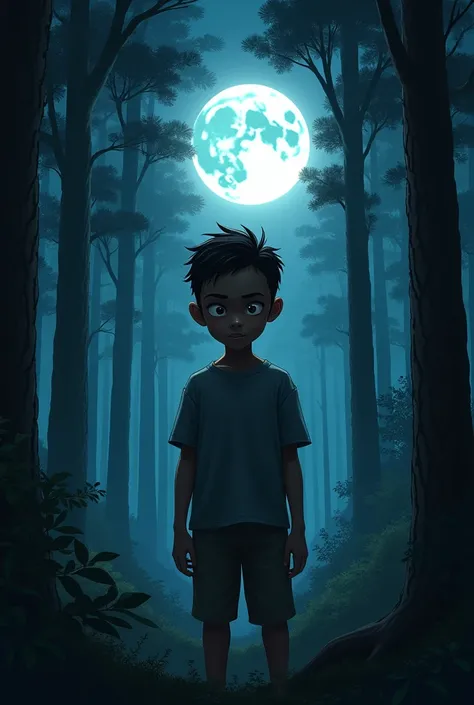 1 boy, almond skin tone, has braids in his hair, square face, sharp nose, in the middle of the forest, with the moon illuminating him. 
drama and tension