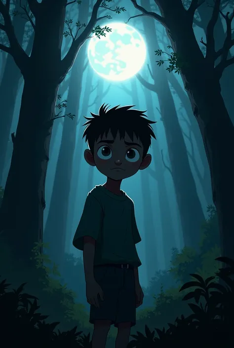 1 boy, almond skin tone, has braids in his hair, square face, sharp nose, in the middle of the forest, with the moon illuminating him. 
drama and tension