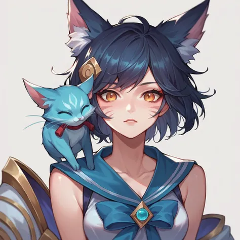 a close up of a cartoon character with fox ears, fox girl, Mikudayo, League of Legends Fox, anime moe art style, Cat Mimi, short hair, Anime girl with blue-black hair, pele morena