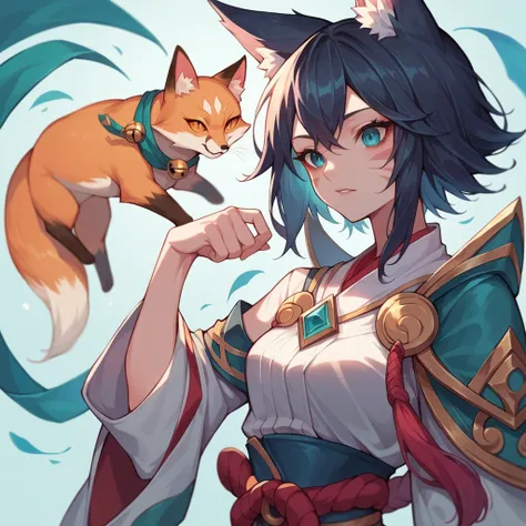 a close up of a cartoon character with fox ears, fox girl, Mikudayo, League of Legends Fox, anime moe art style, Cat Mimi, short hair, Anime girl with blue-black hair, pele morena