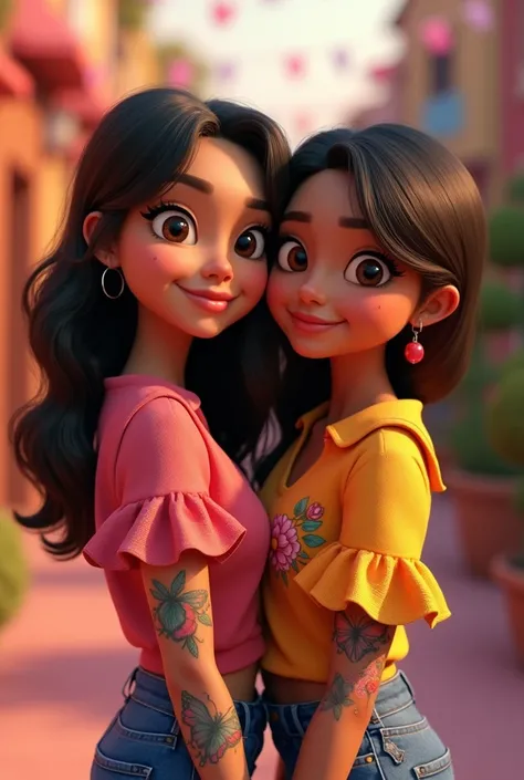 pixar inspired 3d image capturing a 2 woman with dark brown hair, brown eyes, brown skin with a tattoo of peonies on the right forearm and a butterfly on the left forearm wearing a Flamengo shirt 
