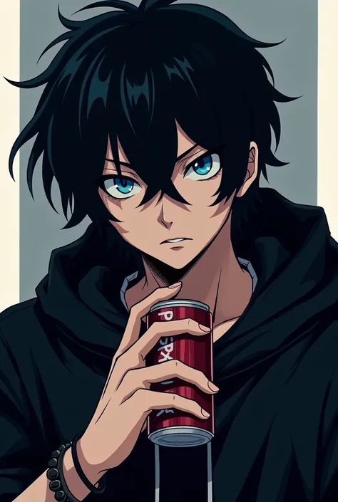 Anime, Boy, bad boy, pfp, with bracelet, with black hoodie, blue eyes, black hair, serious, calm, cool, serious eyes, drink can of soda