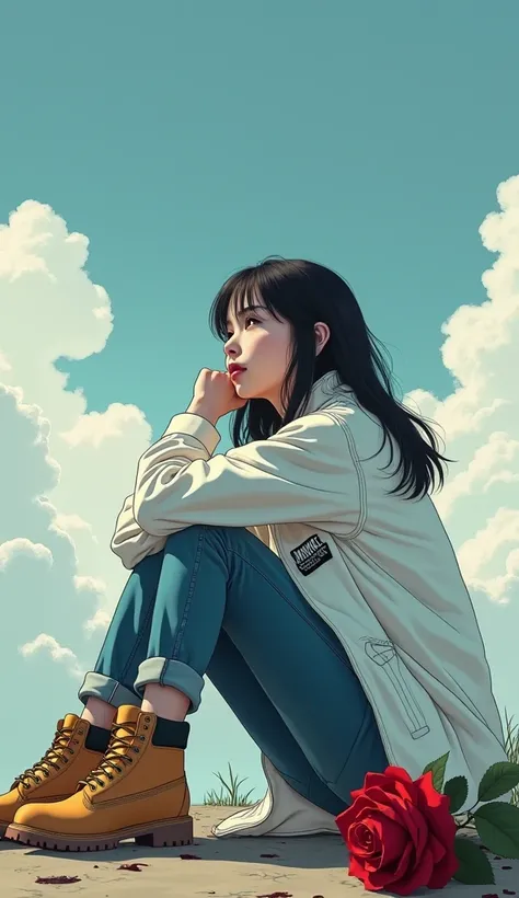 A girl sit on ground,look in the sky,white jacket,white jeans,white timberlands,a bloody rose on the ground,angarage text on jacket,anime,manga