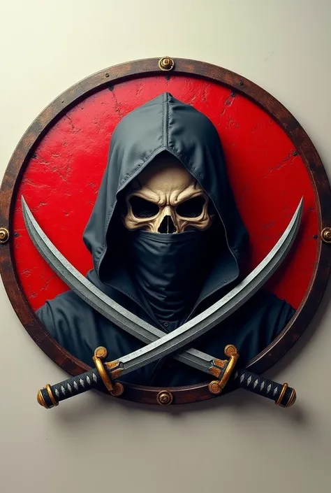 I created a round red team shield in the classic style with the symbol of a skull with a ninja mask and swords below the skulls