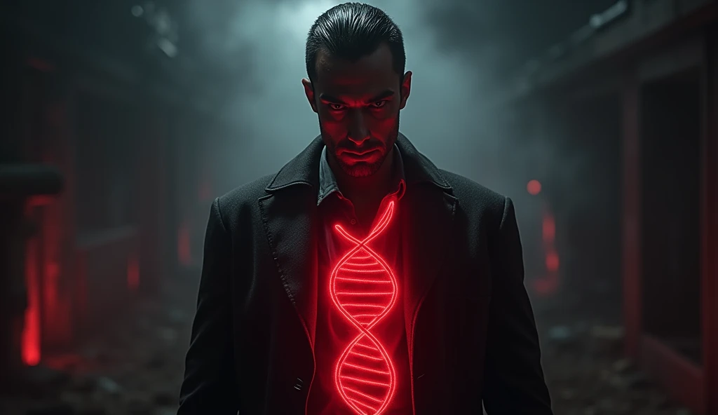 Evil genetics, man standing planning to do something evil, a red light comes out of his chest, as if in the form of DNA, in the background of the image you can see crimes, the scene is heavy and dark