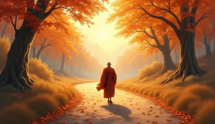 
A dirt road covered in golden and orange autumn leaves, surrounded by trees whose leaves are slowly falling. The sun is low on the horizon, casting a soft, golden light that passes between the tree branches, an elderly Buddhist walking along the road
