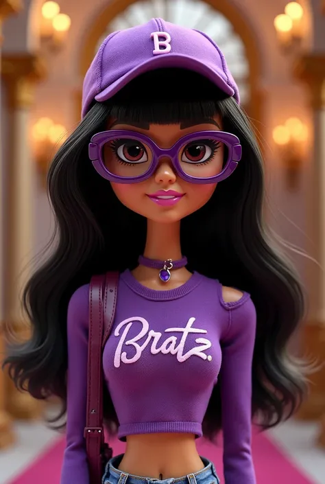 A bratz doll with black hair, bangs and light skin glasses , She is wearing a purple cap and a purple top that has her name on it. " beautiful palace " and a sack on the shoulder.
The doll can be seen from the navel up